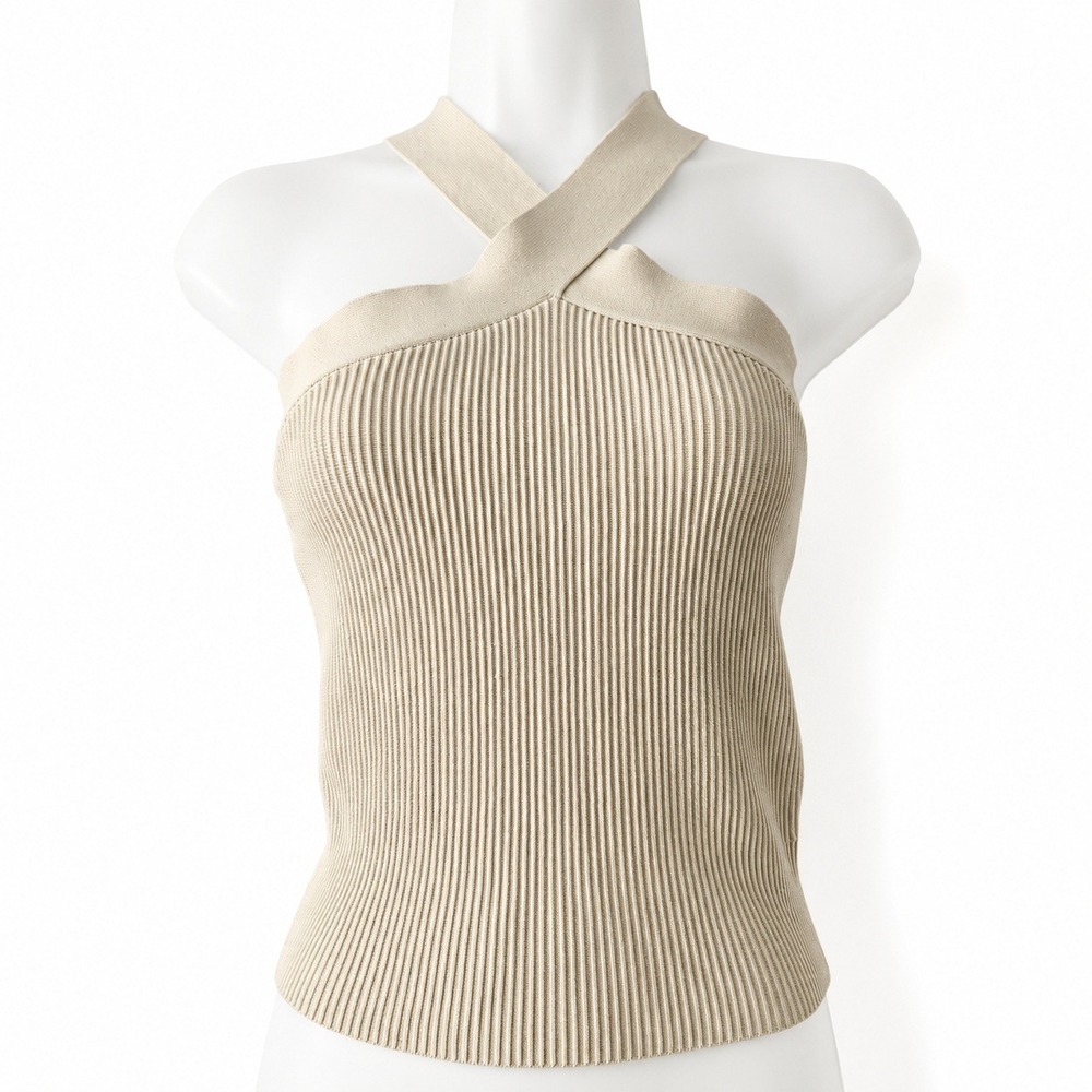 Babaton Halter Top Womens S Beige Ribbed Knit Criss Cross Minimal Chic Essential